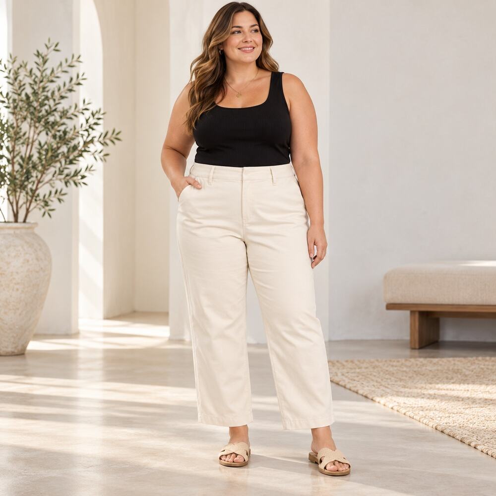 A New Day High Rise Straight Pants 16 Plus Ivory Cream Stretchy Cropped Ankle